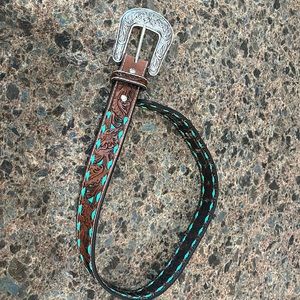 Girls nocona belt size 22  brown leather with  turquoise detail